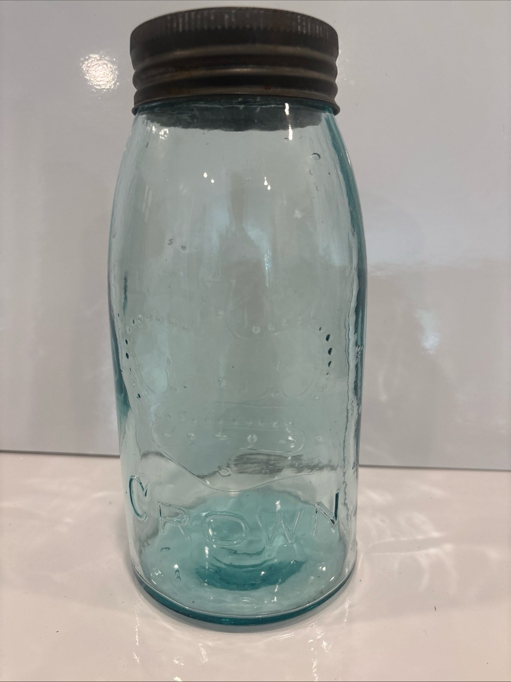 Vintage Crown Canning Jar With Glass Lid.  9” Tall Blue Glass